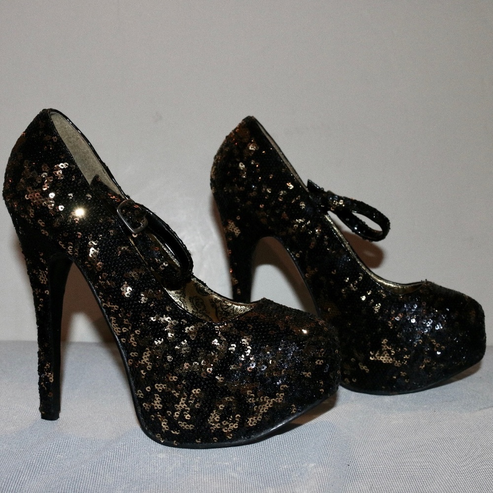 Bordello Black and Gold Sequin Strap Pumps